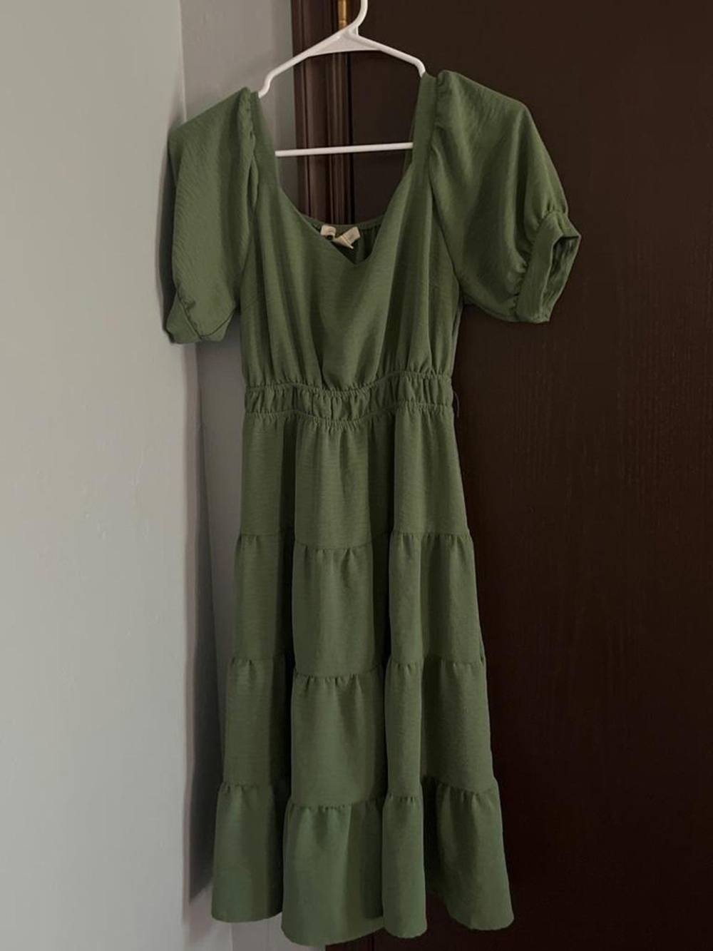 Olive Green Tiered Midi Dress with Puff Sleeves